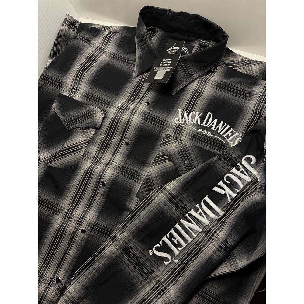 NWT Jack Daniels Men's Large Long Sleeve Plaid Grey Black Pearl Snaps Spell Out